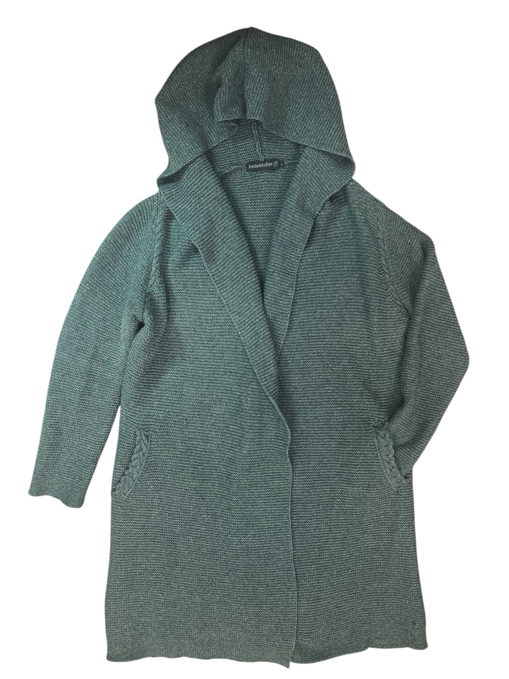 Irelands Eye Irish Wool Cardigan Sweater Large Green Open Hooded Longline Knit